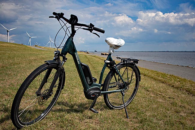 Emden in East Frisia - Cycling trip to the Ems with sheep herds on the dike. In the background, a RoRo ship leaves the harbor