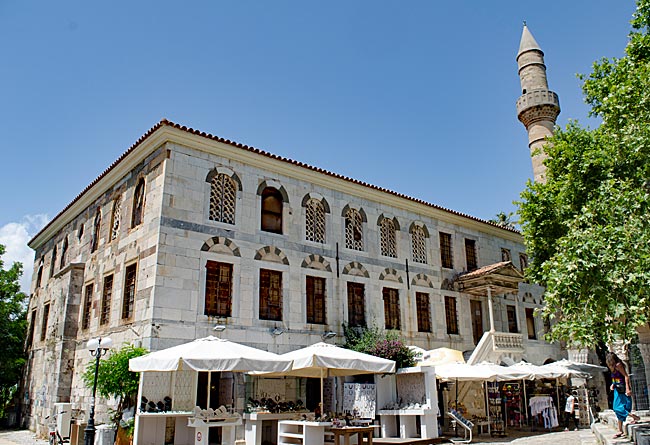 Kos Town in Greece - Hadji-Hassan Mosque surrounded by mobile vendors