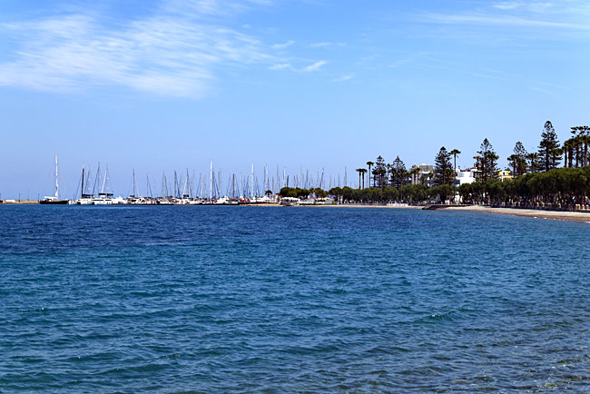 Kos Town in Greece - View from a restaurant terrace of the marina at the end of the southeast-lying beach