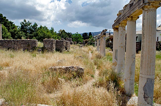 Kos Town in Greece - Western Excavation Site - Reconstructed columns of a promenade hall