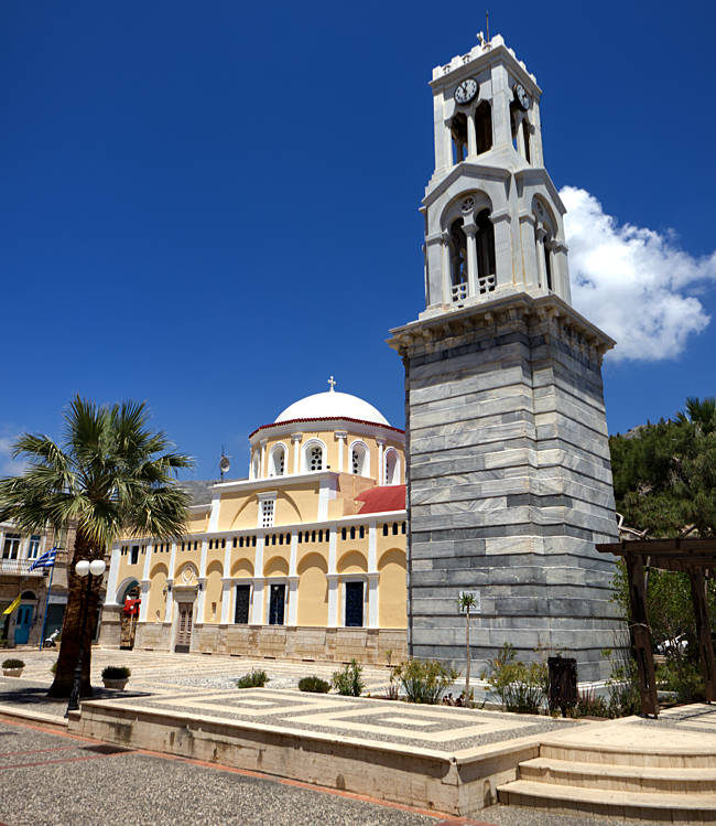 Kalymnos in Greece - Church with a tower in the center of Pothia