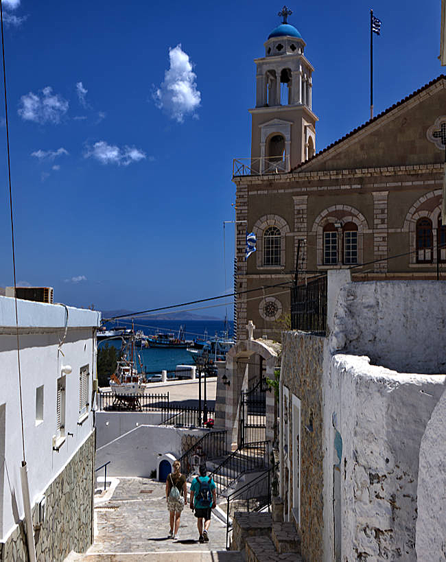Church of Agios Nikolaos with part of the harbor in Pothia on Kalymnos