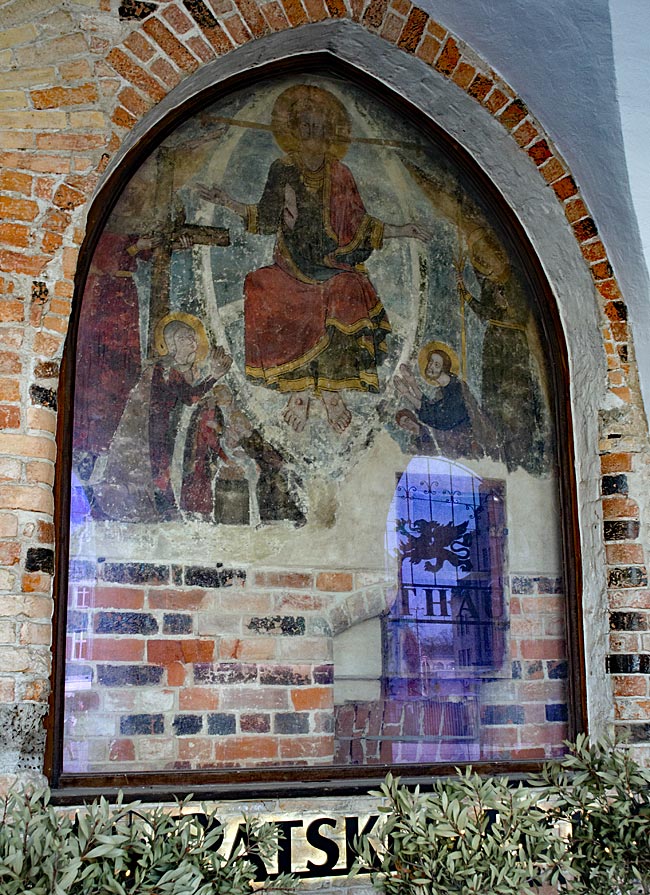 Rostock - Remnants of an old holy image on the town hall wall beneath the arches