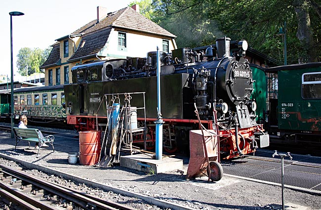 The Rasende Roland is refueled with water at the station in Göhren, holding about 4 cubic meters