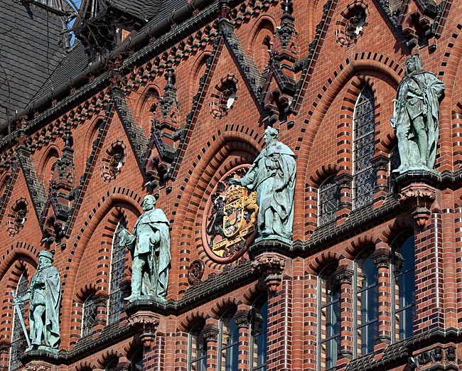 Rostock - Four statues of the Dukes of Mecklenburg: Johann Albrecht I, Friedrich Franz II, Georg, and Christian Ludwig II