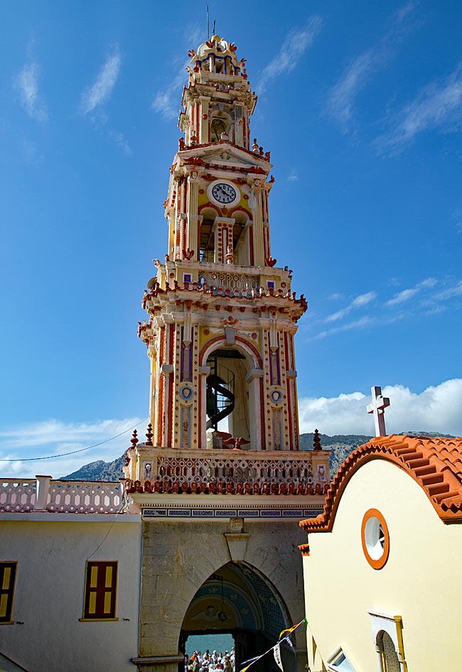 Greece - Symi - The Monastery of Panormitis - Elaborately decorated bell tower at Panormitis Monastery